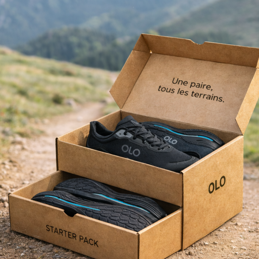 starter pack chaussure noire sur un sentier