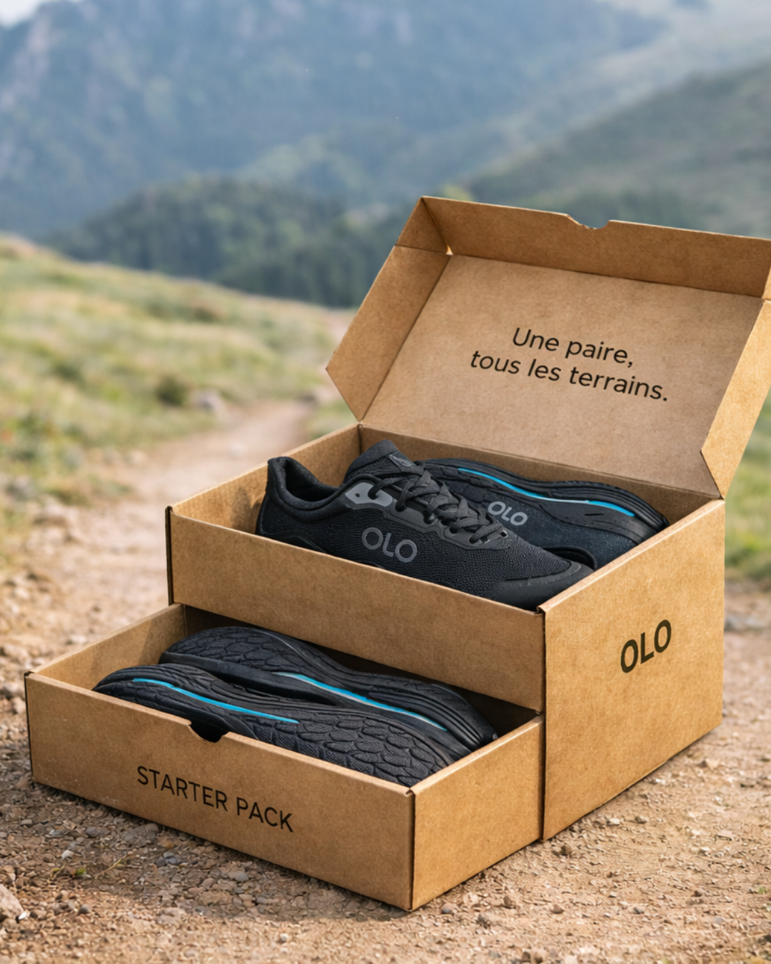 starter pack chaussure noire sur un sentier starter pack chaussure noire sur un sentier